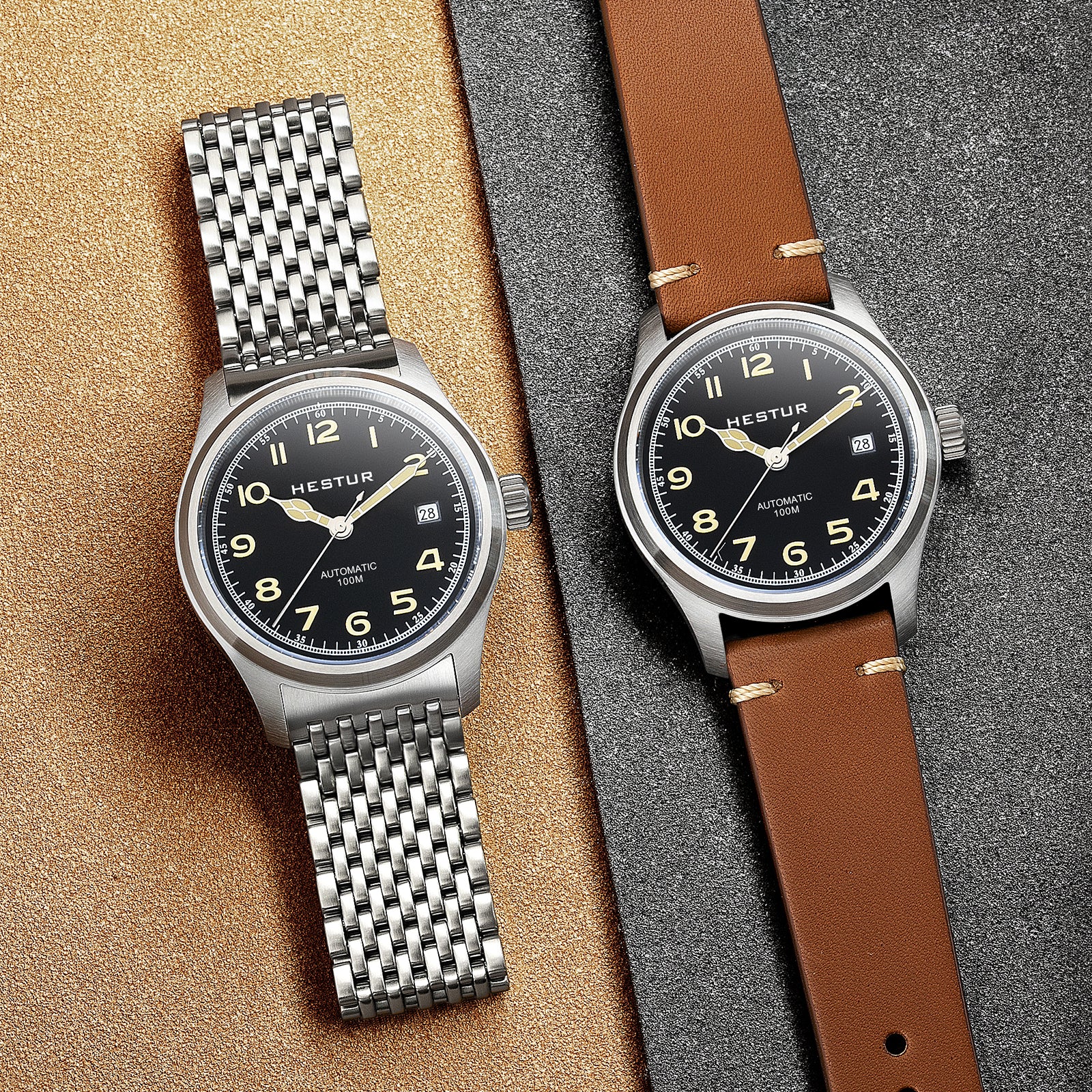 Automatic Mechanical Men's Watch 38mm, Miyota 8215, Classic Pilot Watches, 10bar, Date, Eleven Bead Steel Belt and Leather Strap