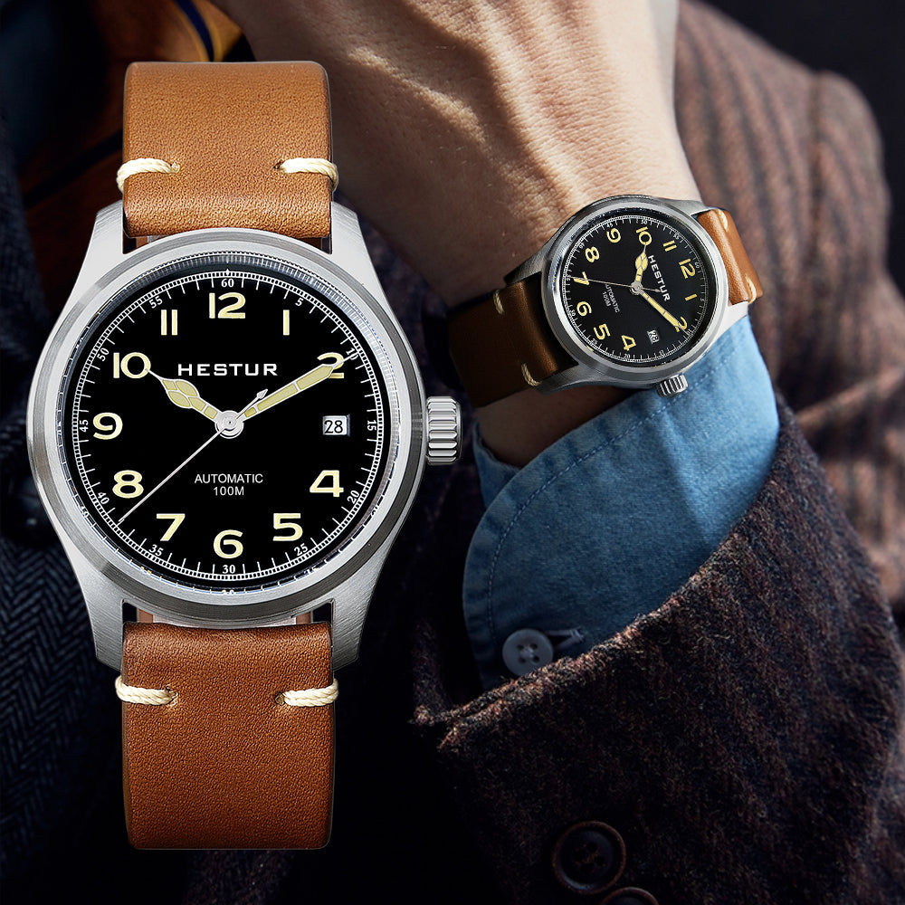 Automatic Mechanical Men's Watch 38mm, Miyota 8215, Classic Pilot Watches, 10bar, Date, Eleven Bead Steel Belt and Leather Strap