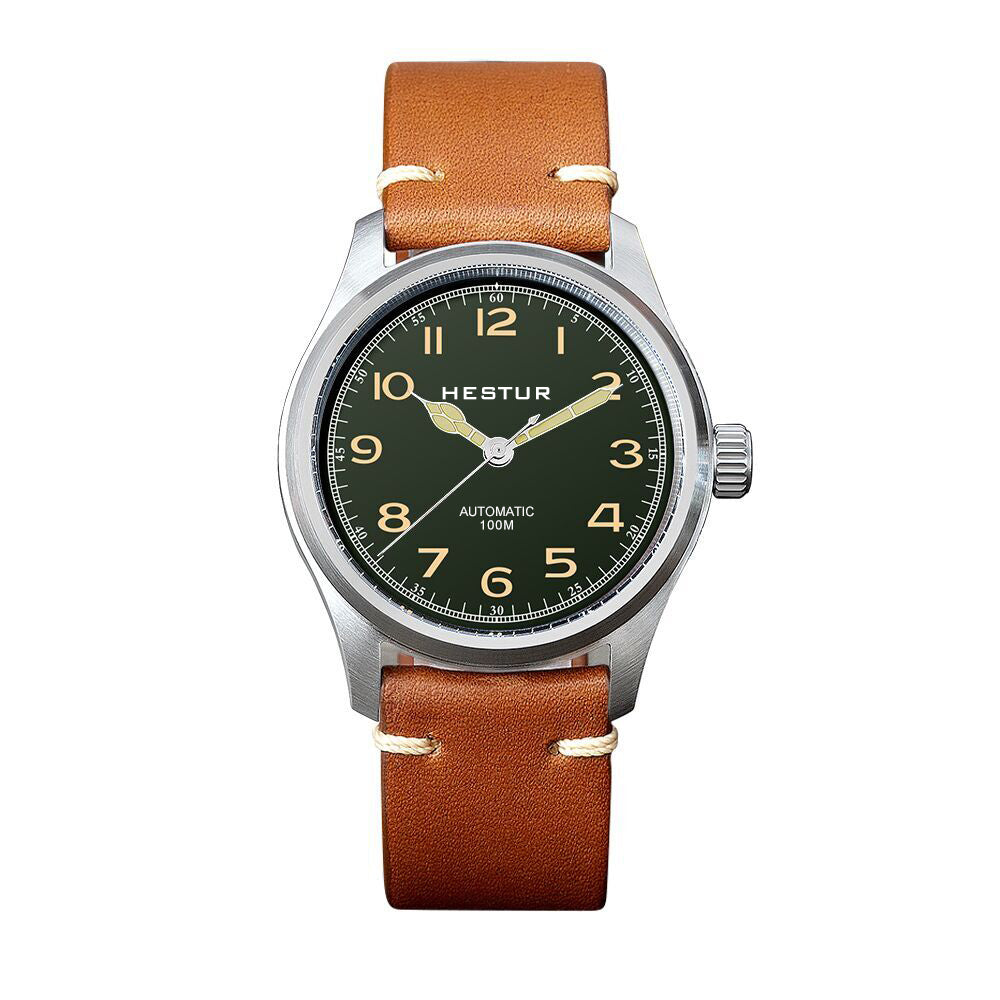 Automatic Mechanical Men's Watch 38mm, Miyota 8215, Classic Pilot Watches, 10bar, Date, Eleven Bead Steel Belt and Leather Strap