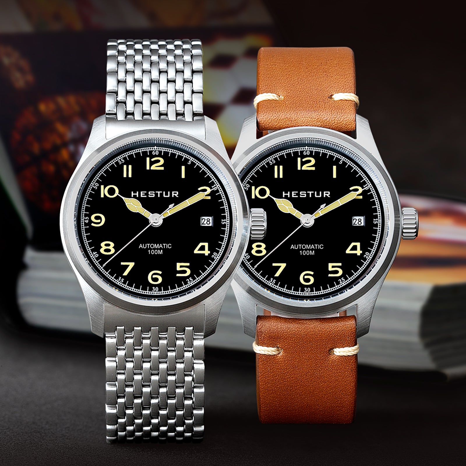 Automatic Mechanical Men's Watch 38mm, Miyota 8215, Classic Pilot Watches, 10bar, Date, Eleven Bead Steel Belt and Leather Strap
