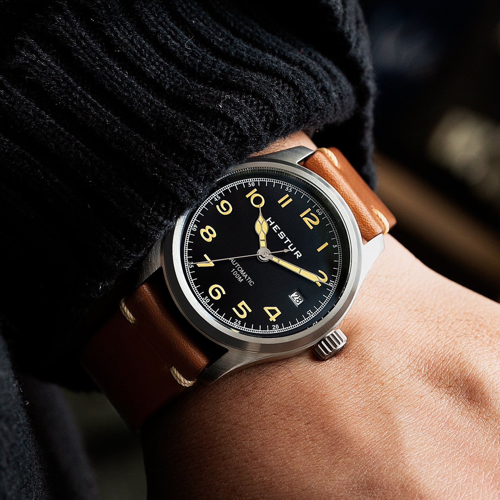 Automatic Mechanical Men's Watch 38mm, Miyota 8215, Classic Pilot Watches, 10bar, Date, Eleven Bead Steel Belt and Leather Strap