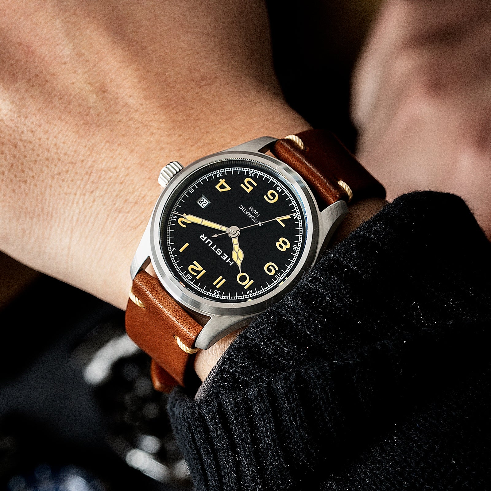 Automatic Mechanical Men's Watch 38mm, Miyota 8215, Classic Pilot Watches, 10bar, Date, Eleven Bead Steel Belt and Leather Strap