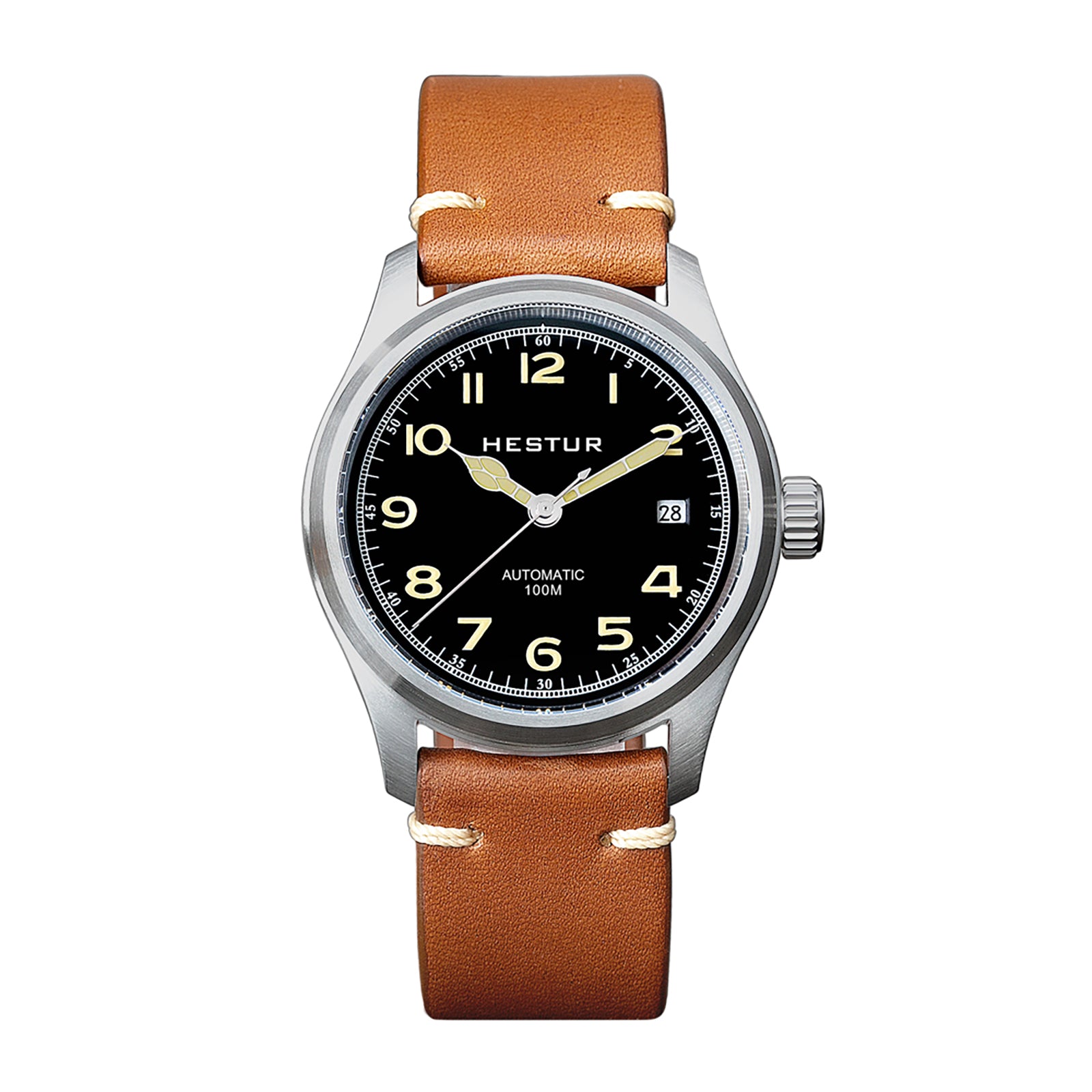Automatic Mechanical Men's Watch 38mm, Miyota 8215, Classic Pilot Watches, 10bar, Date, Eleven Bead Steel Belt and Leather Strap