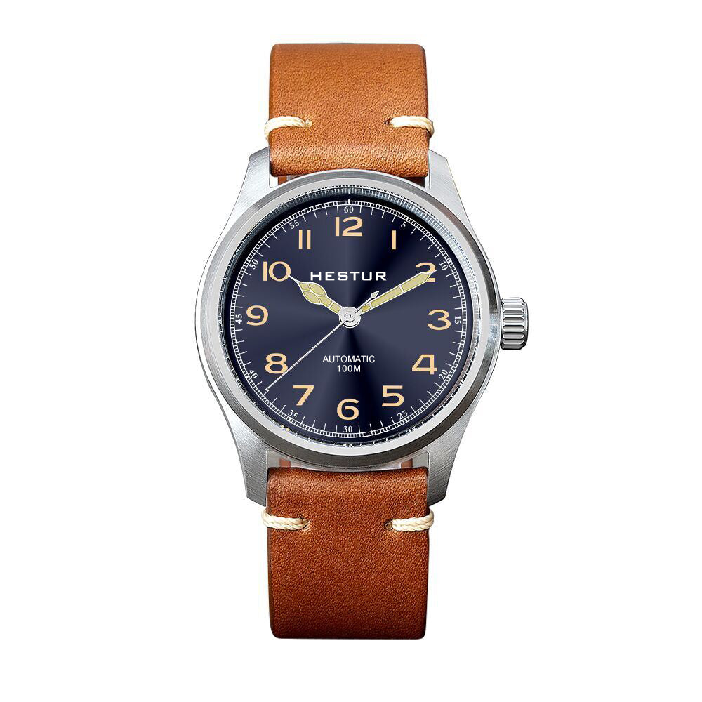 Automatic Mechanical Men's Watch 38mm, Miyota 8215, Classic Pilot Watches, 10bar, Date, Eleven Bead Steel Belt and Leather Strap