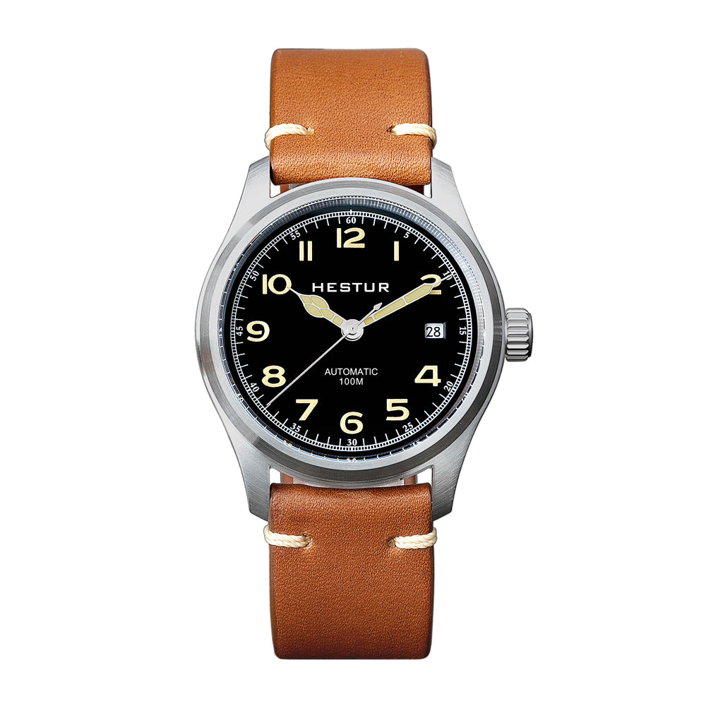 Automatic Mechanical Men's Watch 38mm, Miyota 8215, Classic Pilot Watches, 10bar, Date, Eleven Bead Steel Belt and Leather Strap