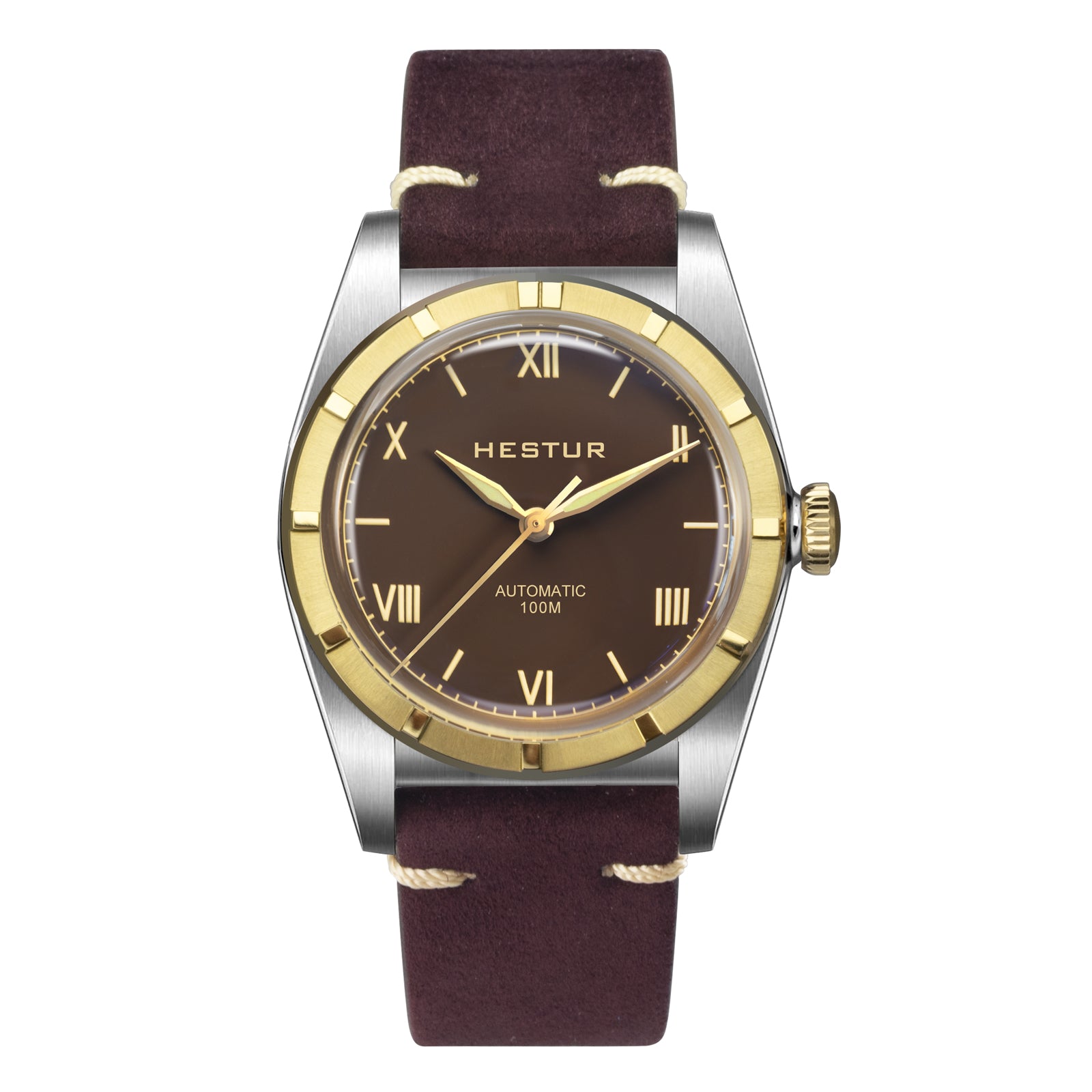 Crystal Bubble Back Automatic Mechanical Watches PT5000, 36mm, 100m, C3 Luminous, Antique Men‘s Watch, Suede Calfskin