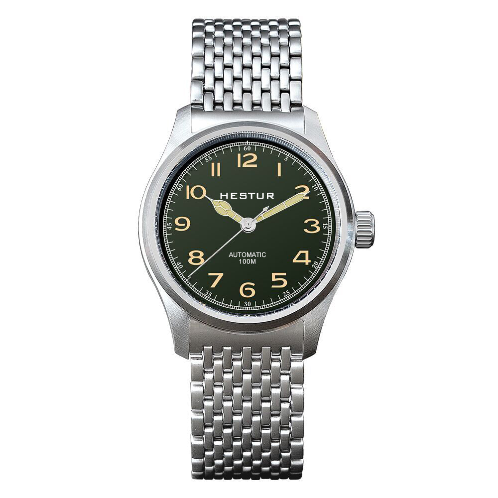 Automatic Mechanical Men's Watch 38mm, Miyota 8215, Classic Pilot Watches, 10bar, Date, Eleven Bead Steel Belt and Leather Strap