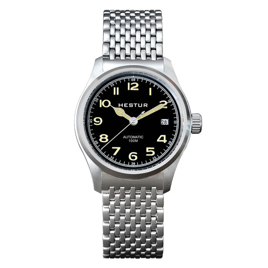 Automatic Mechanical Men's Watch 38mm, Miyota 8215, Classic Pilot Watches, 10bar, Date, Eleven Bead Steel Belt and Leather Strap